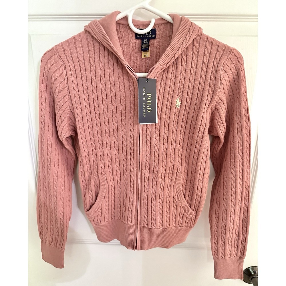 NWT Polo Ralph Lauren Girls Pink Cable Knit Hooded Full Zip Sweater L Logo